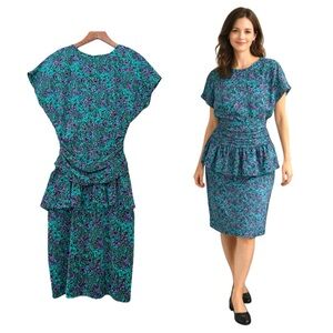 🇨🇦 Vintage 80s Union Made Pantel Peplum Floral Dress Made in Canada Small